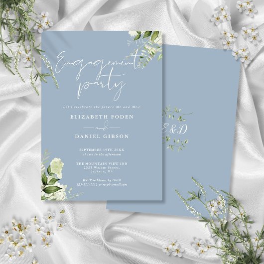 Floral Dusty Blue Script Engagement Party Kaart