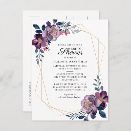 Floral Dusty Blue Script Geometric Vrijgezellenfee Uitnodiging Briefkaart (Voorkant / Achterkant)
