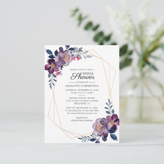 Floral Dusty Blue Script Geometric Vrijgezellenfee Uitnodiging Briefkaart (Staand voorkant)