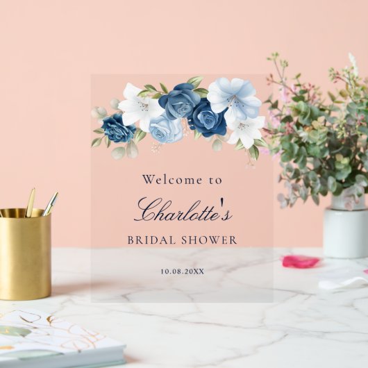 Floral Dusty Blue Script Vrijgezellenfeest Acryl Bord (Huwelijk)