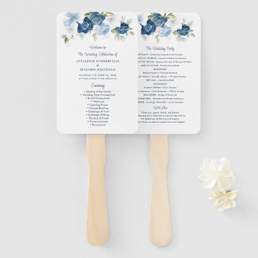 Floral Dusty Blue Script Wedding Programme Handwaaier (Voorkant en achterkant)