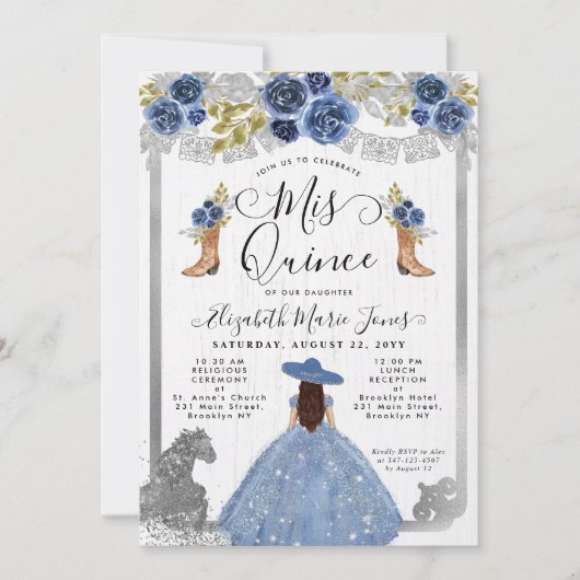 Floral Dusty Blue Silver Horse Charra Quinceanera Kaart (Voorkant)