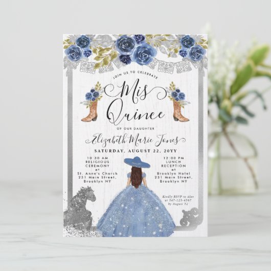 Floral Dusty Blue Silver Horse Charra Quinceanera Kaart (Staand voorkant)