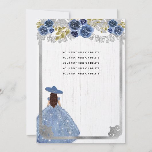 Floral Dusty Blue Silver Horse Charra Quinceanera Kaart (Achterkant)