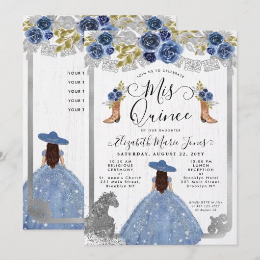 Floral Dusty Blue Silver Horse Charra Quinceanera Kaart (Voorkant / Achterkant)