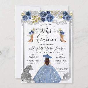 Floral Dusty Blue Silver Horse Charra Quinceanera Kaart