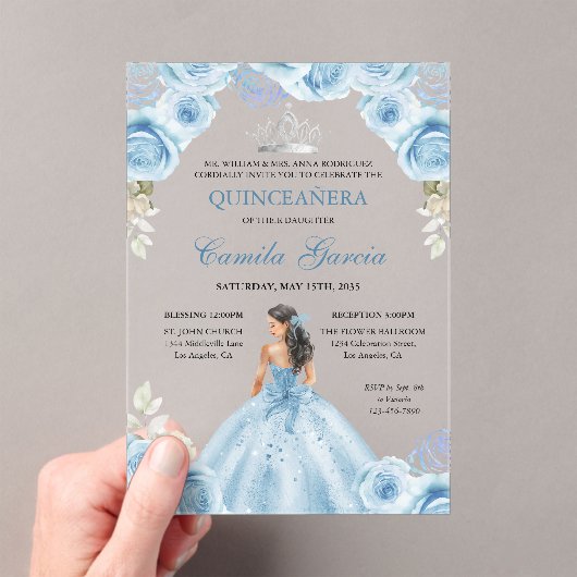 Floral Dusty Blue & Silver Princess Quinceañera Acryl Uitnodigingen (Insitu (Draagbaar))