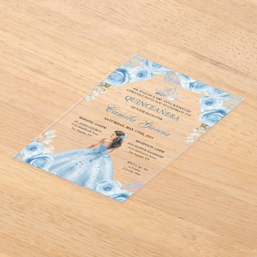 Floral Dusty Blue & Silver Princess Quinceañera Acryl Uitnodigingen (Laagn)