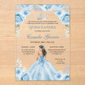 Floral Dusty Blue & Silver Princess Quinceañera Acryl Uitnodigingen (Voorkant)