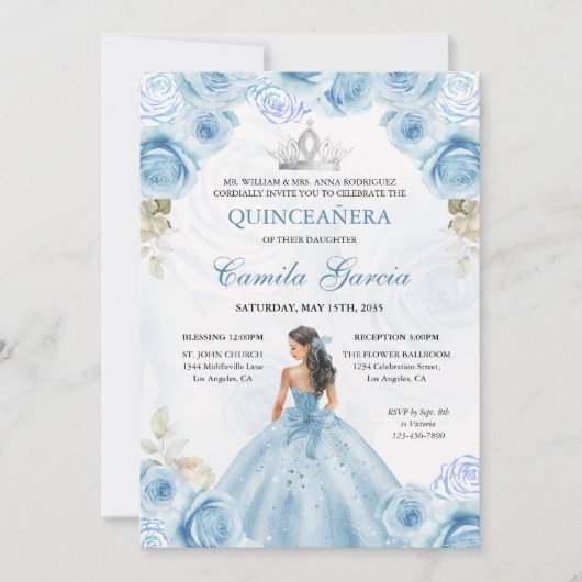 Floral Dusty Blue & Silver Princess Quinceañera Kaart (Voorkant)