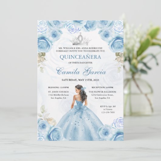 Floral Dusty Blue & Silver Princess Quinceañera Kaart (Staand voorkant)