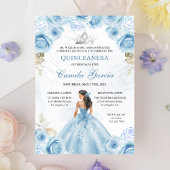 Floral Dusty Blue & Silver Princess Quinceañera Kaart