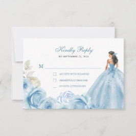 Floral Dusty Blue & Silver Princess Quinceañera RSVP Kaartje