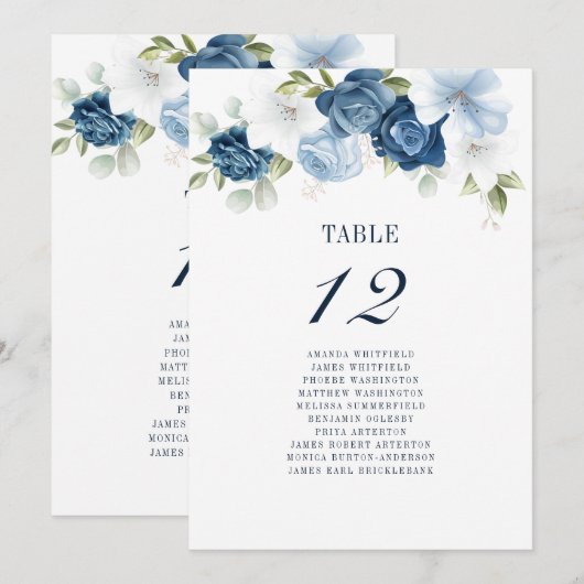 Floral Dusty Blue Table Number 12 Seating Chart Kaart (Voorkant / Achterkant)