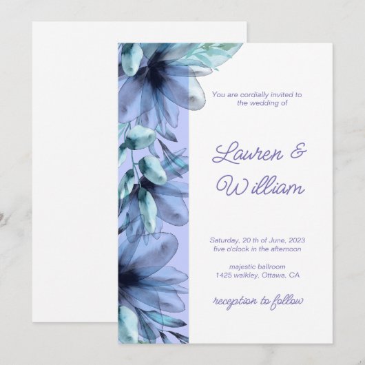 Floral dusty-blue violet waterverf Wedding Invit Kaart (Voorkant / Achterkant)