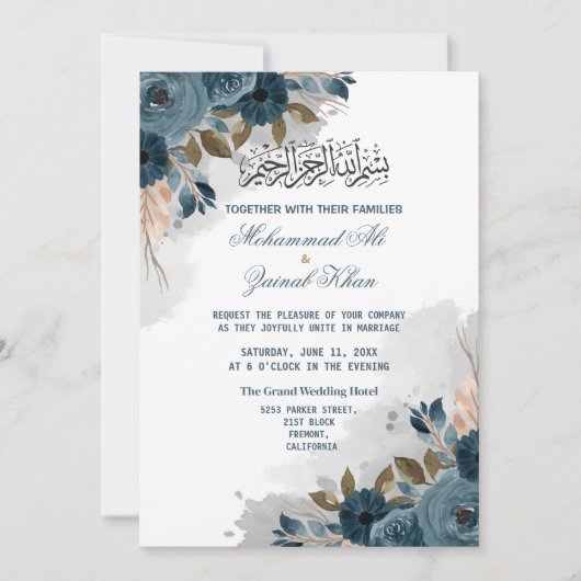 Floral Dusty Blue Walima Islamitische bruiloft Kaart (Voorkant)