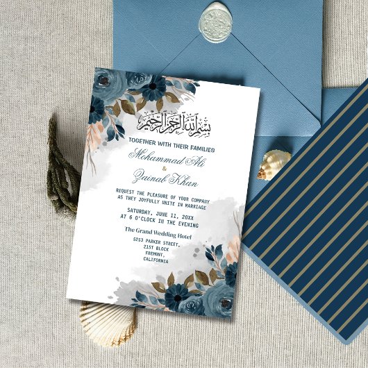 Floral Dusty Blue Walima Islamitische bruiloft Kaart
