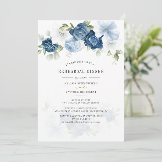 Floral Dusty Blue Waterverf Rehearsal Dinner Kaart (Staand voorkant)