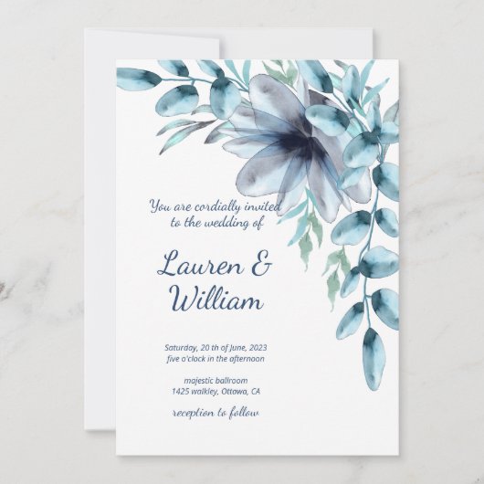 Floral dusty blue waterverf Wedding Kaart (Voorkant)