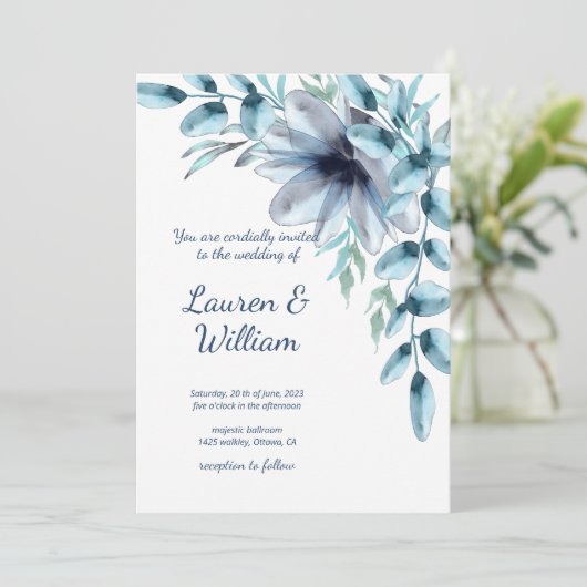 Floral dusty blue waterverf Wedding Kaart (Staand voorkant)