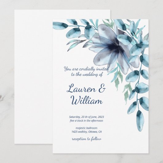 Floral dusty blue waterverf Wedding Kaart (Voorkant / Achterkant)