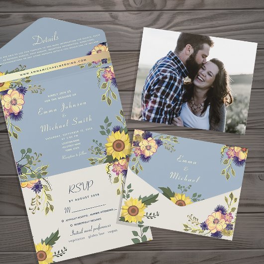 Floral Dusty Blue Weddenschap in één uitnodiging