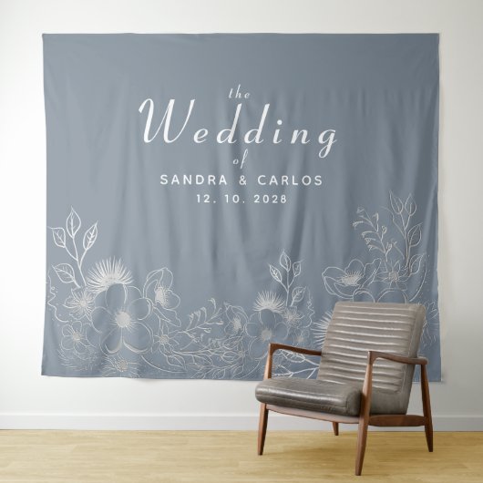 Floral Dusty Blue Wedding Achtergrond Wandkleed (In Situ (horizontaal))