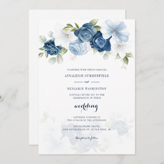 Floral Dusty Blue Wedding Kaart (Voorkant / Achterkant)