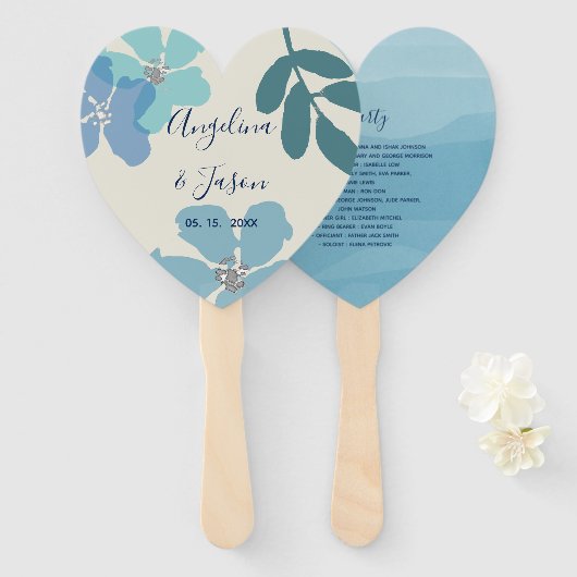 Floral Dusty Blue Wedding Programme Handwaaier (Voorkant en achterkant)