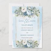 Floral Dusty Blue White Gold Flowers Save The Date Kaart (Voorkant)