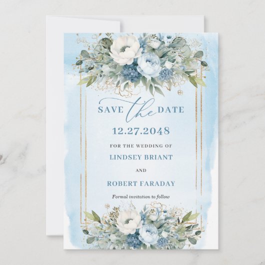 Floral Dusty Blue White Gold Flowers Save The Date Kaart (Voorkant)