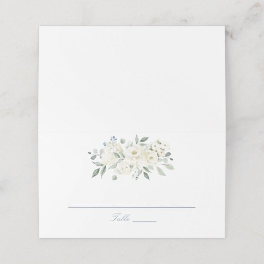 Floral Dusty Blue White Greenery Elegant Wedding Plaatskaartje (Buitenkant ongevouwen)