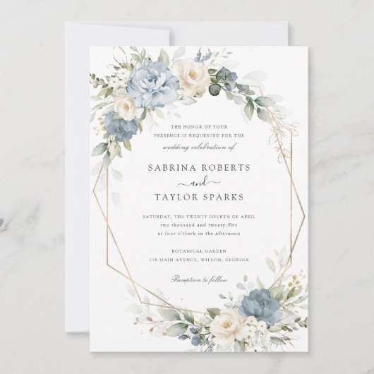 Floral Dusty Blue White Greenery Gold Wedding Kaart (Voorkant)