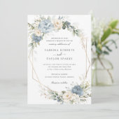 Floral Dusty Blue White Greenery Gold Wedding Kaart (Staand voorkant)