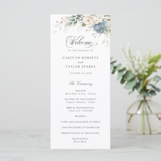 Floral Dusty Blue White Greenery Wedding Program Programmakaart (Staand voorkant)