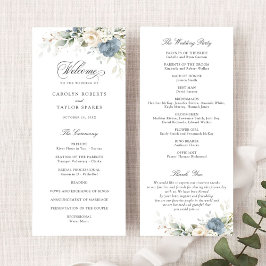 Floral Dusty Blue White Greenery Wedding Program Programmakaart