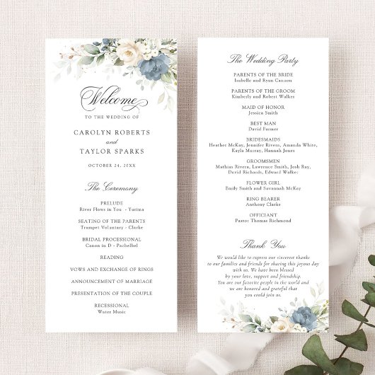 Floral Dusty Blue White Greenery Wedding Program Programmakaart