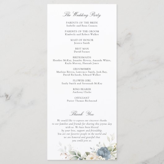Floral Dusty Blue White Greenery Wedding Programme Programmakaart (Achterkant)