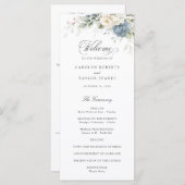 Floral Dusty Blue White Greenery Wedding Programme Programmakaart (Voorkant / Achterkant)