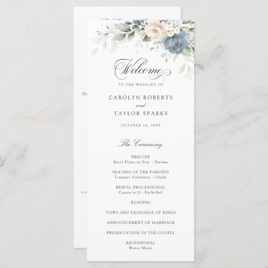 Floral Dusty Blue White Greenery Wedding Programme Programmakaart (Voorkant / Achterkant)
