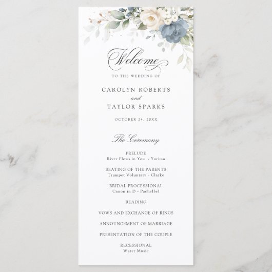 Floral Dusty Blue White Greenery Wedding Programme Programmakaart (Voorkant)