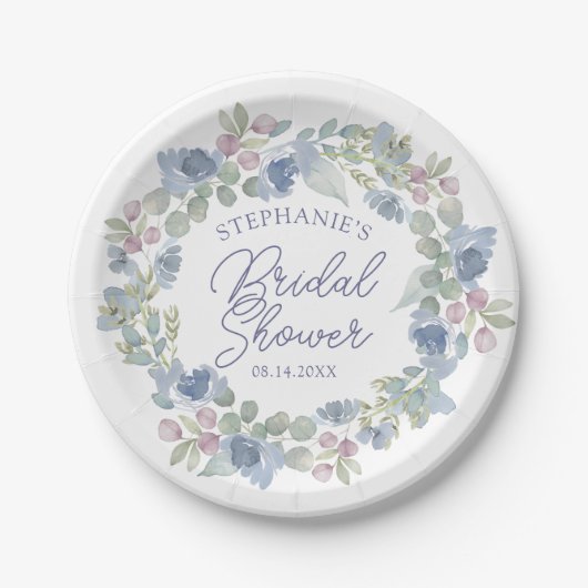 Floral Dusty Blue Wreath Bridal Shower Papieren Bordje (Voorkant)