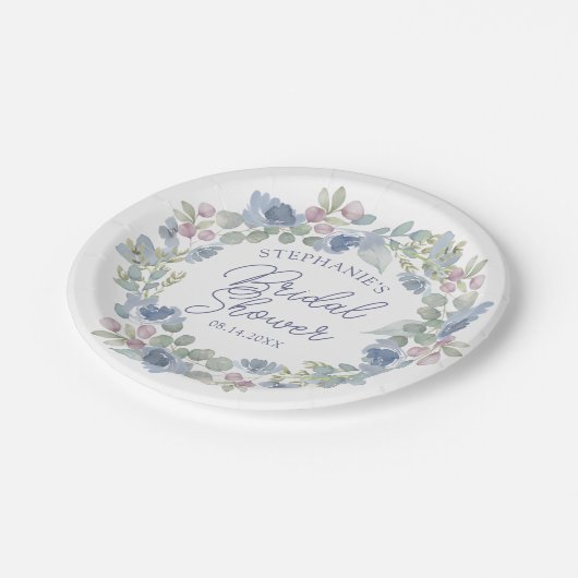 Floral Dusty Blue Wreath Bridal Shower Papieren Bordje (Gekanteld)