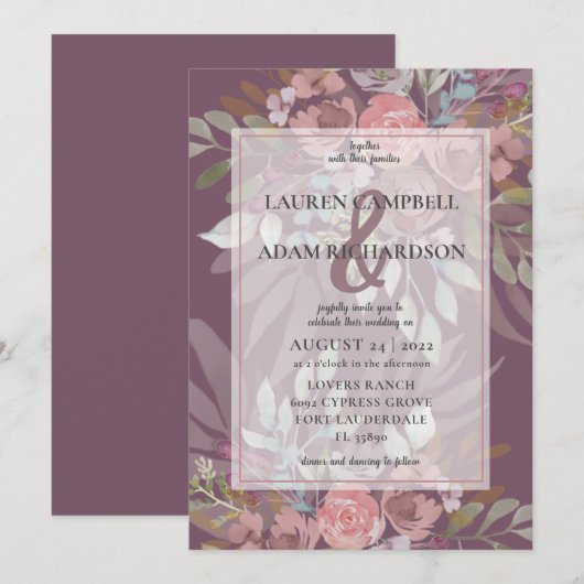 Floral Dusty Burgundy Ampersand Wedding Kaart (Voorkant / Achterkant)