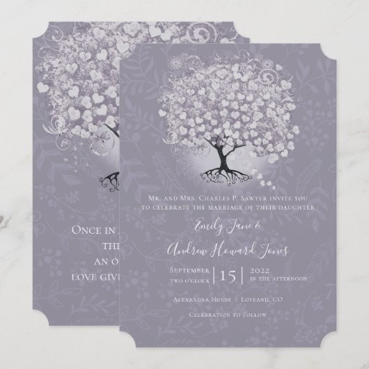 Floral Dusty Lavender Heart Leaf Tree Wedding Kaart (Voorkant / Achterkant)