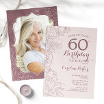Floral Dusty Pink Foto 60e Verjaardagsfeestje Kaart<br><div class="desc">Floral Dusty Pink Mauve Gold Foto 60e Verjaardagsfeestuitnodiging. Minimalistisch modern ontwerp met botanische contourtekeningen,  accenten en lettertype. Eenvoudige trendy uitnodigingskaart perfect voor een stijlvol vrouwen dagfeest. Kan worden aangepast aan elke leeftijd. Gedrukte Zazzle-uitnodigingen of direct download digitale afdrukbare sjabloon.</div>