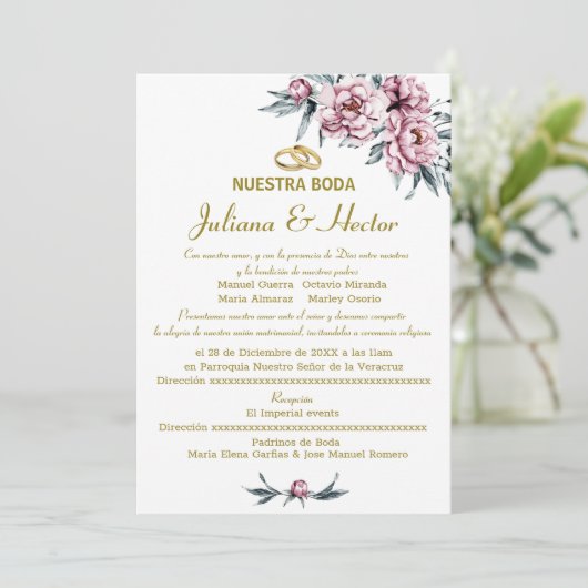 FLORAL DUSTY PINK NUESTRA BODA KAART (Staand voorkant)