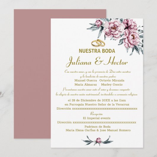 FLORAL DUSTY PINK NUESTRA BODA KAART (Voorkant / Achterkant)