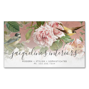 Floral Dusty Pink Roos Peony Birds Elegant Magnetisch Visitekaartje