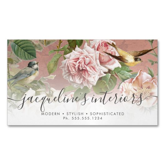 Floral Dusty Pink  Roos Peony Birds Elegant Magnetisch Visitekaartje (Voorkant)